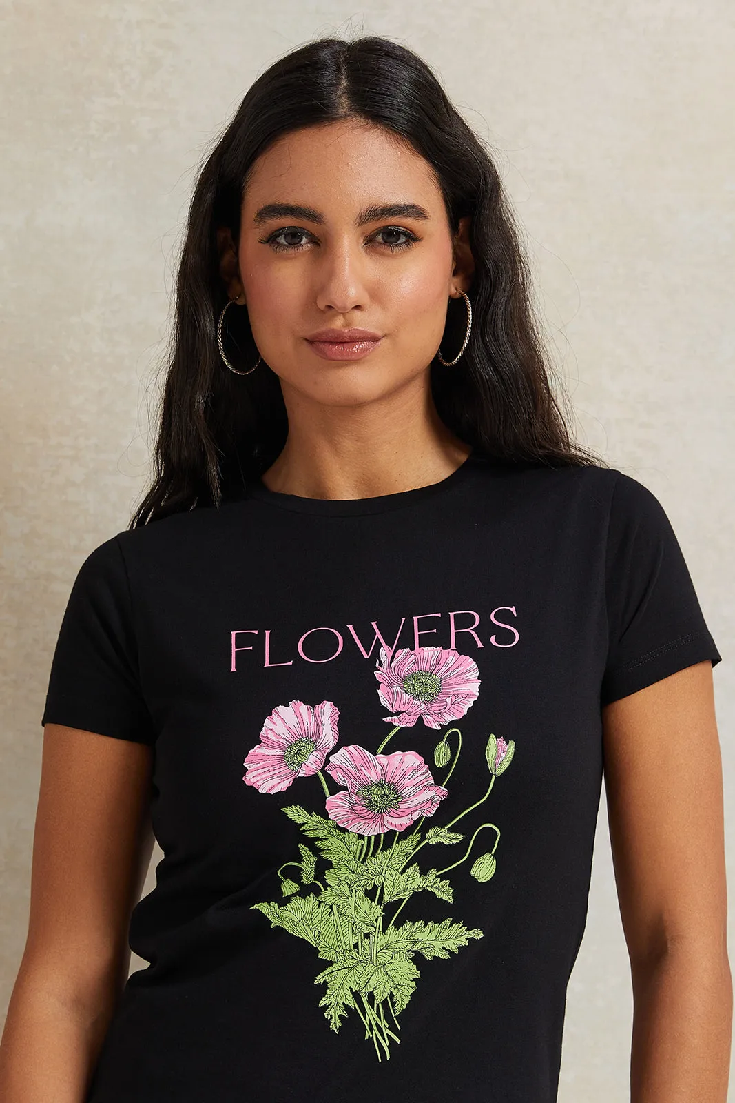 Women Black Floral Printed T-Shirt