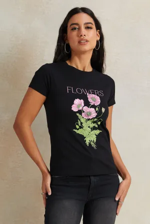 Women Black Floral Printed T-Shirt