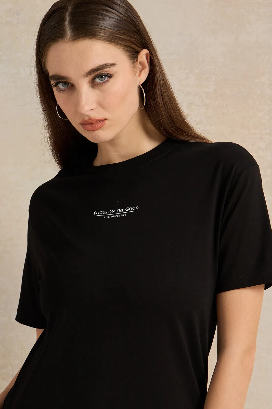 Women Black Oversize Printed T-Shirt
