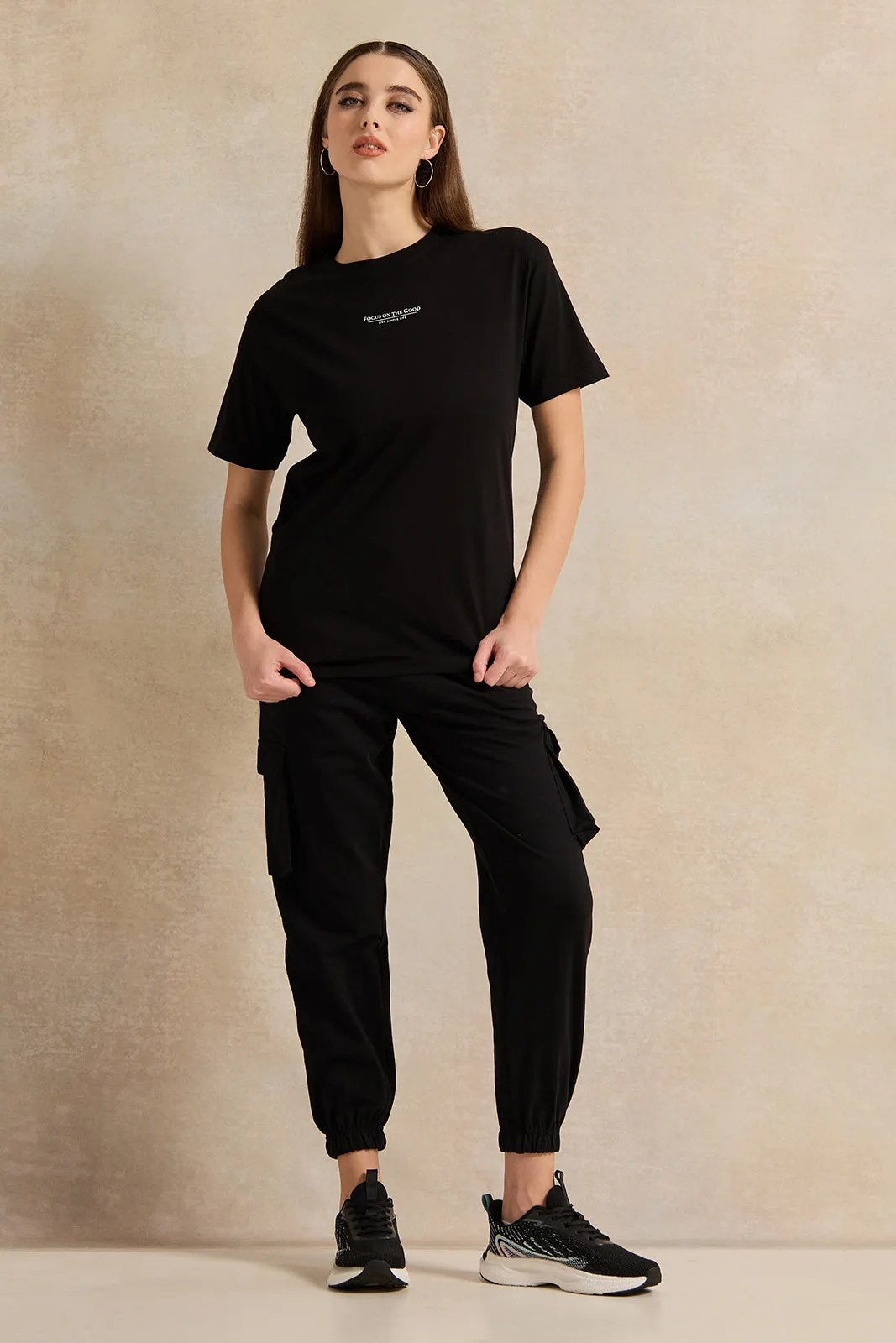 Women Black Oversize Printed T-Shirt