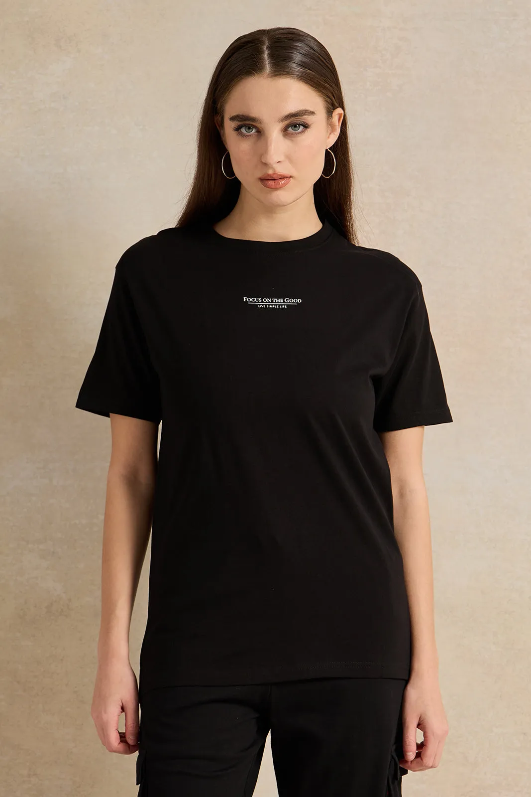 Women Black Oversize Printed T-Shirt