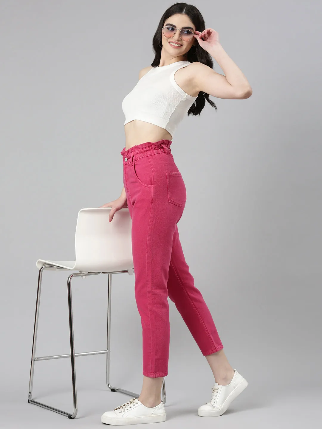 Women Fuchsia Solid Regular Fit Denim Jeans
