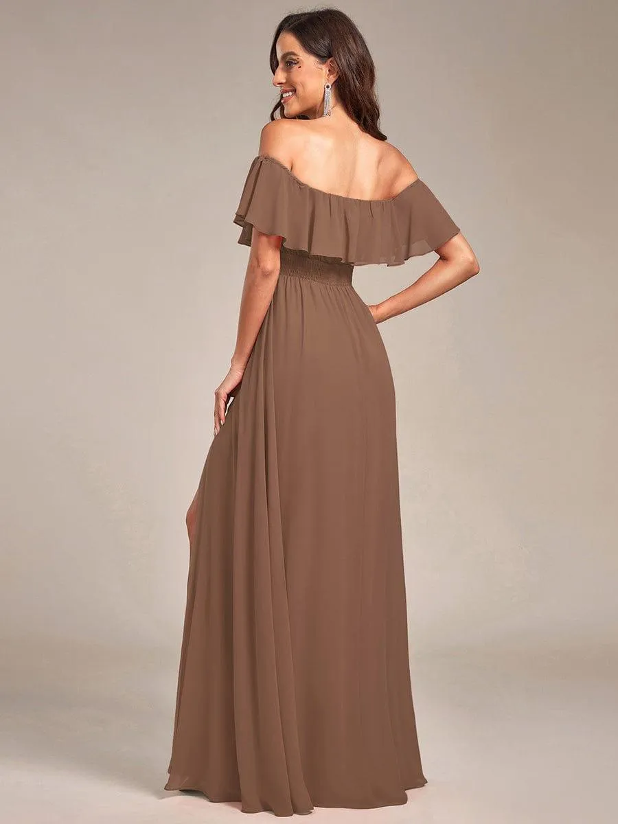 Women's Off Shoulder Ruffle Thigh Slit Bridesmaid Dresses