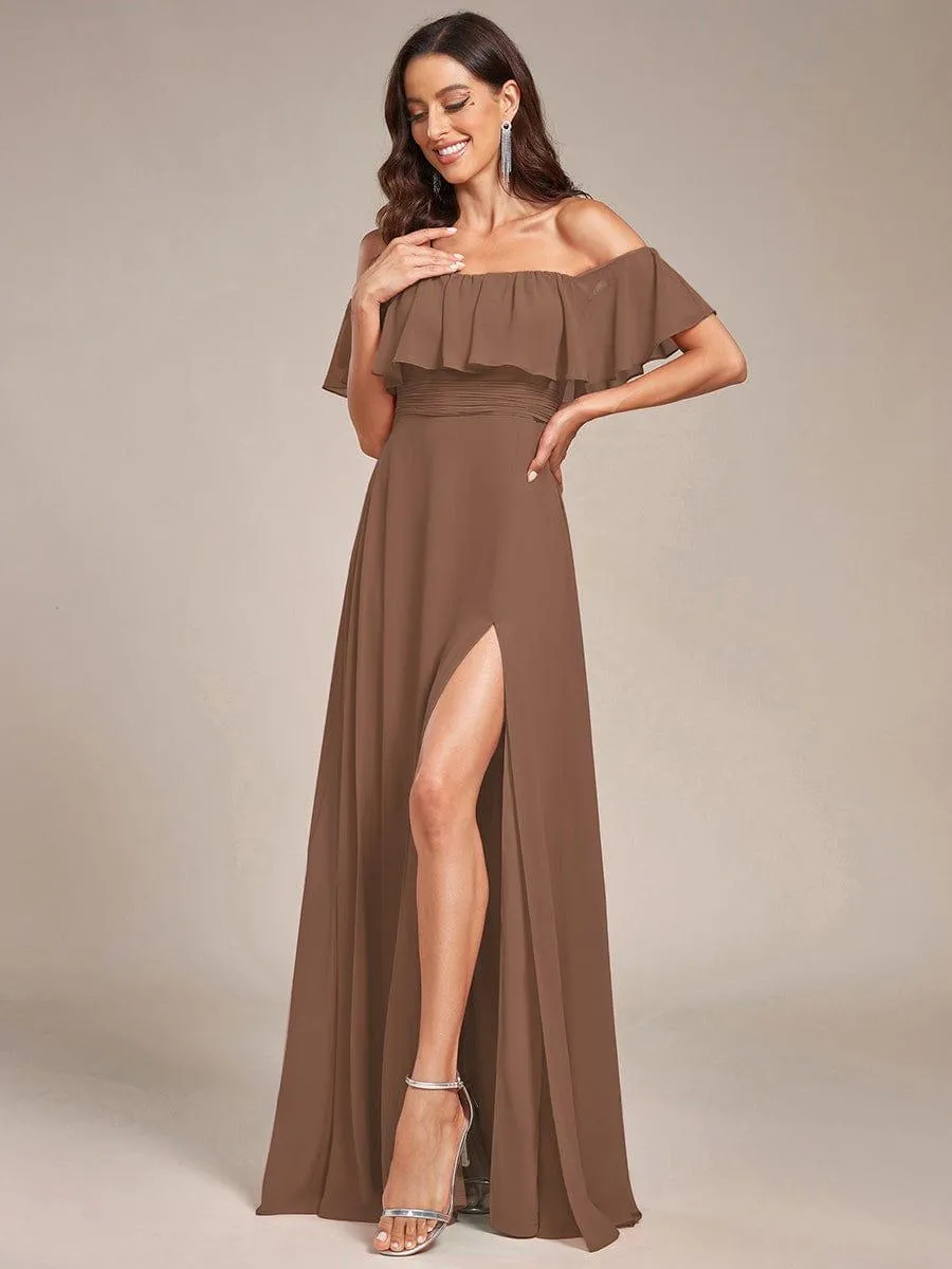 Women's Off Shoulder Ruffle Thigh Slit Bridesmaid Dresses
