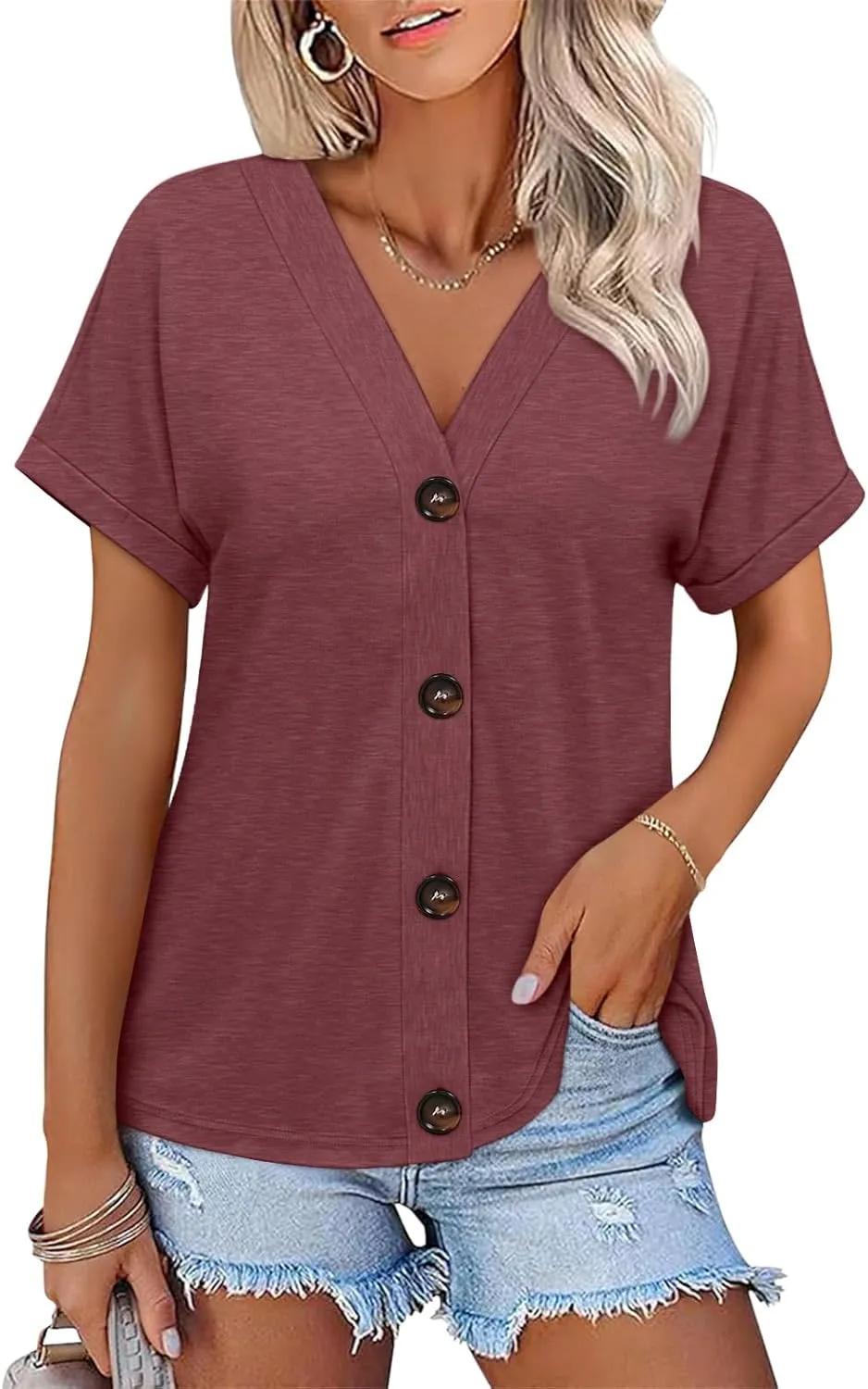 Womens Summer Tops Short Sleeve Button Down Shirts Casual V Neck T Shirts Trendy Tunic Tops