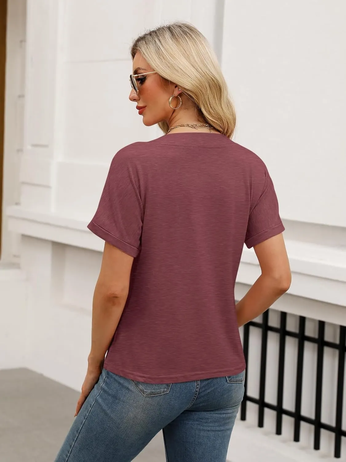 Womens Summer Tops Short Sleeve Button Down Shirts Casual V Neck T Shirts Trendy Tunic Tops