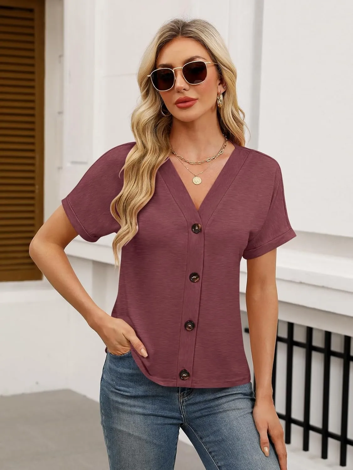 Womens Summer Tops Short Sleeve Button Down Shirts Casual V Neck T Shirts Trendy Tunic Tops
