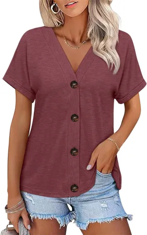 Womens Summer Tops Short Sleeve Button Down Shirts Casual V Neck T Shirts Trendy Tunic Tops