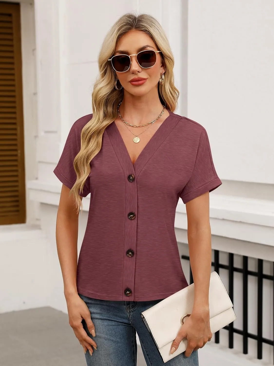 Womens Summer Tops Short Sleeve Button Down Shirts Casual V Neck T Shirts Trendy Tunic Tops
