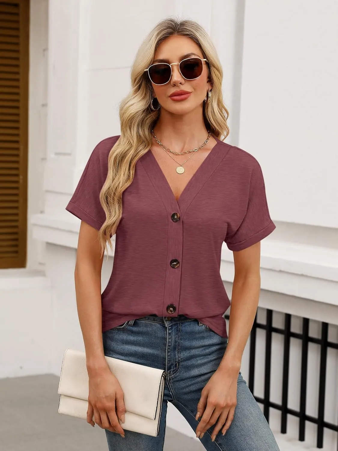 Womens Summer Tops Short Sleeve Button Down Shirts Casual V Neck T Shirts Trendy Tunic Tops