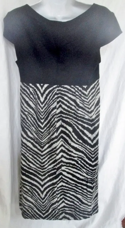 WOMENS TRINA TURK Cotton Mini Shift Dress 6 BLACK ZEBRA TIGER STRIPE