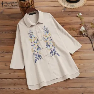 ZANZEA Women 3/4 Sleeves Lapel Shirt Casual Floral Embroidery Cotton Loose Blouse Top 4XL S4572972
