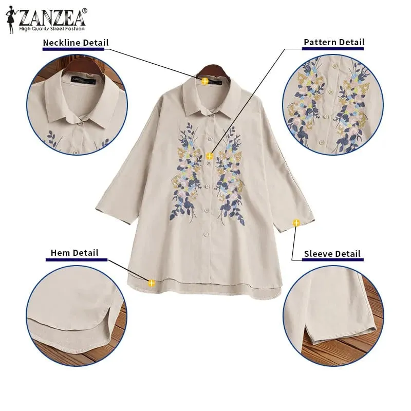 ZANZEA Women 3/4 Sleeves Lapel Shirt Casual Floral Embroidery Cotton Loose Blouse Top 4XL S4572972