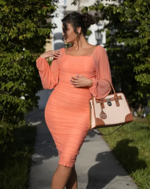 ZESICA Long Puff Sleeve Square Neck Sexy Bodycon Midi Dress