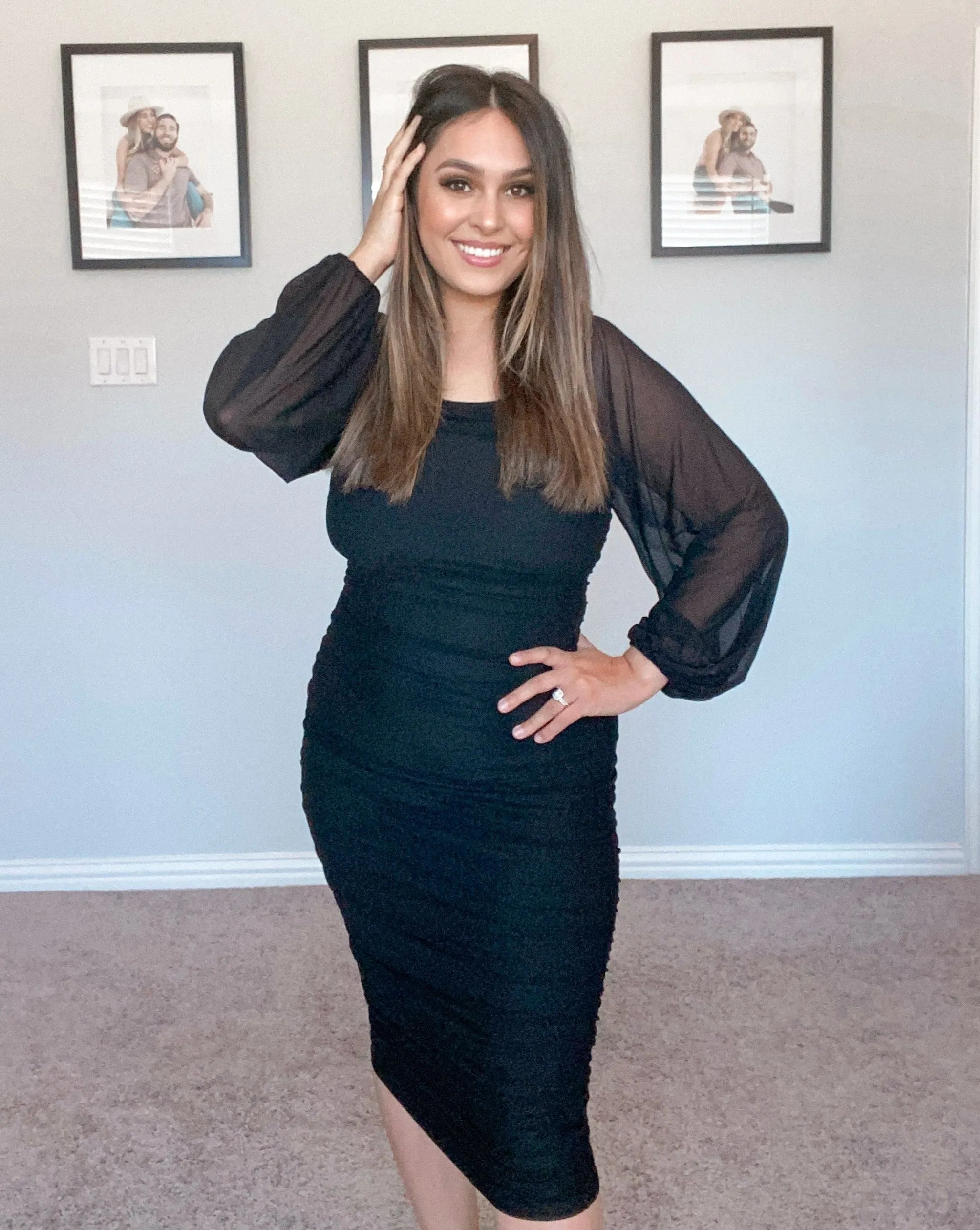 ZESICA Long Puff Sleeve Square Neck Sexy Bodycon Midi Dress